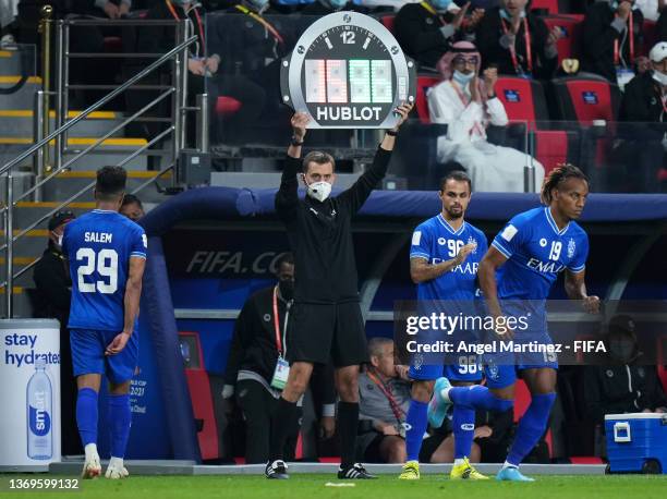 Andre Carillo replaces teammate Salem Aldawsari of Al Hilal during the FIFA Club World Cup UAE 2021 Semi Final match between Al Hilal and Chelsea FC...