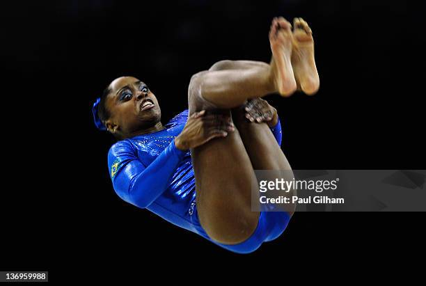 Daiane dos Santos of Brazil in action on the floor during the Gymnastics Trampoline Olympic Qualification round at North Greenwich Arena on January...