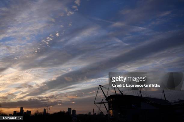 General view outside the stadium prior to the Premier League match between Manchester City and Brentford at Etihad Stadium on February 09, 2022 in...