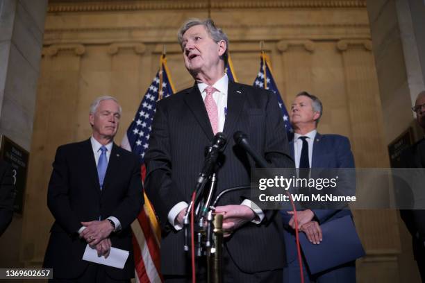 Sen. John Kennedy speaks during a press conference on Capitol Hill on February 09, 2022 in Washington, DC. Republican senators held the press...