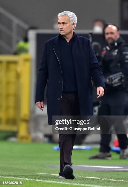 José Mario dos Santos Mourinho Felix head coach of AS Roma looks on during the Coppa Italia match between FC Internazionale and AS Roma at Stadio...