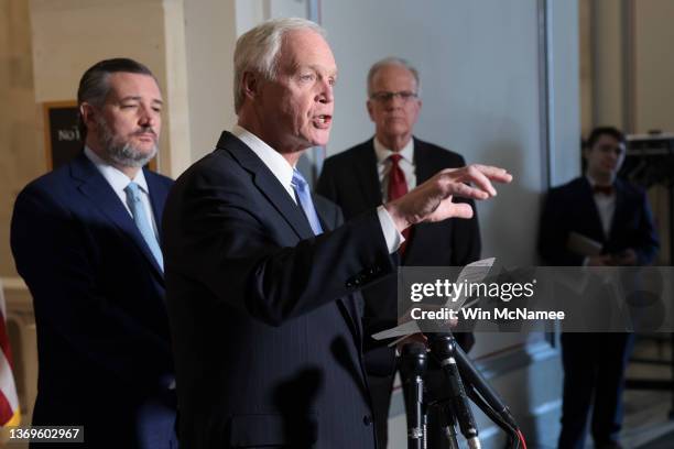 Sen. Ron Johnson speaks during a press conference on Capitol Hill on February 09, 2022 in Washington, DC. Republican senators held the press...