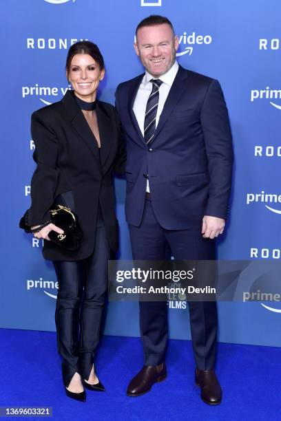 Coleen Rooney and Wayne Rooney attend the "Rooney" World Premiere at Home on February 09, 2022 in Manchester, England.