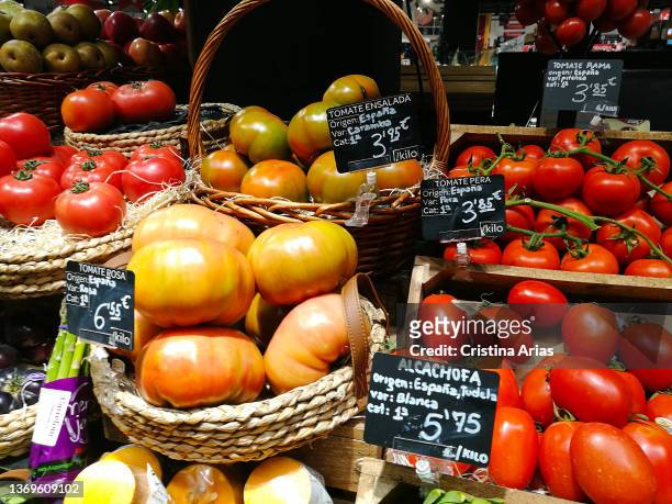 Assorted tomatoes for sale at a Carrefour supermarket on December 24, 2021 in Madrid, Spain.