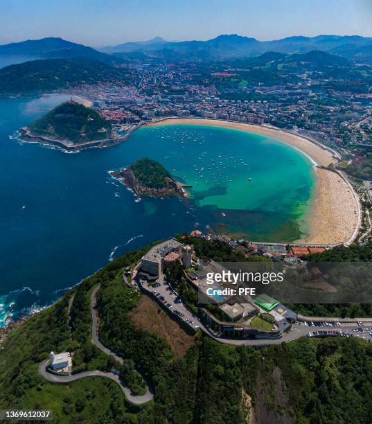 aereal view of la concha bay in san sebastian spain - san sebastian stock pictures, royalty-free photos & images