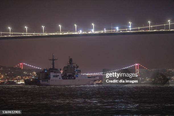 Three Russian navy ships pass through the Bosphorus.