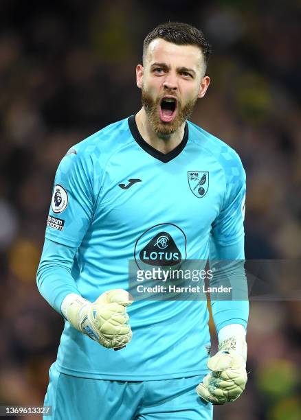 Angus Gunn of Norwich City celebrates after Teemu Pukki scored their sides first goal during the Premier League match between Norwich City and...