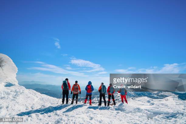 alpines bergsteigerteam beobachtet im winter die landschaft auf dem hochgebirgsgipfel - crampon stock-fotos und bilder