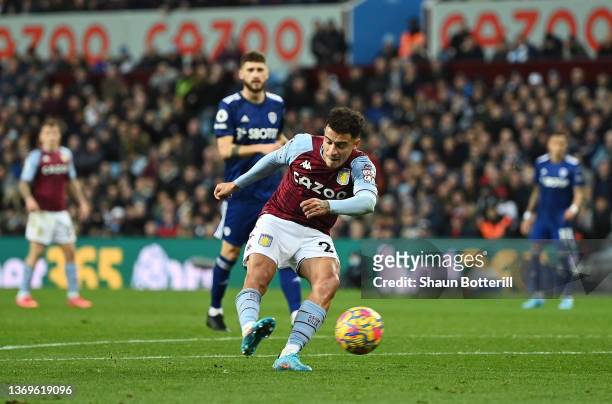 Philippe Coutinho of Aston Villa scores their team's first goal during the Premier League match between Aston Villa and Leeds United at Villa Park on...