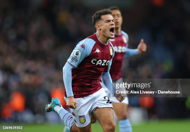 Philippe Coutinho of Aston Villa celebrates after scoring their first goal during the Premier League match between Aston Villa and Leeds United at...