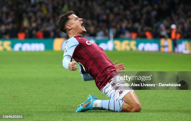 Philippe Coutinho of Aston Villa celebrates after scoring their first goal during the Premier League match between Aston Villa and Leeds United at...