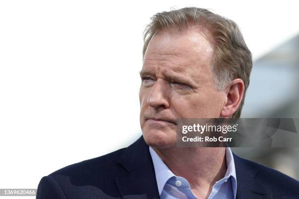 Commissioner Roger Goodell addresses the media on February 09, 2022 at the NFL Network's Champions Field at the NFL Media Building on the SoFi...