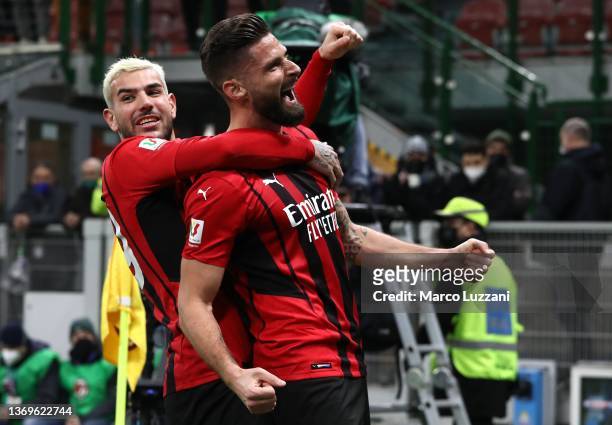 Olivier Giroud of AC Milan celebrates his second goal with his team-mate Theo Hernandez during the Coppa Italia match between AC Milan ac SS Lazio at...