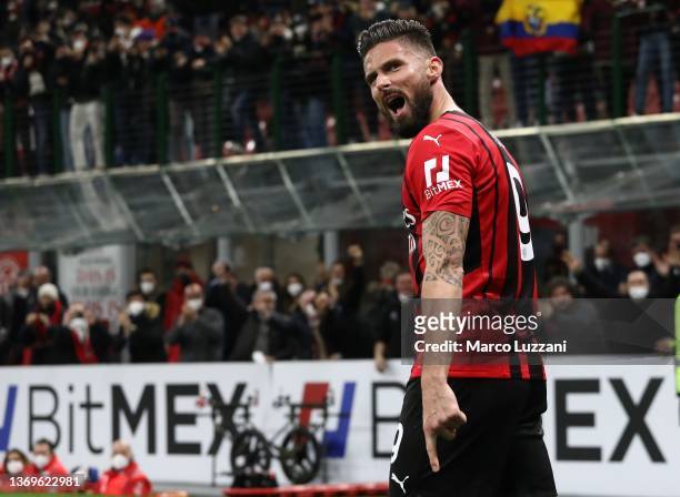 Olivier Giroud of AC Milan celebrates his second goal during the Coppa Italia match between AC Milan ac SS Lazio at Stadio Giuseppe Meazza on...