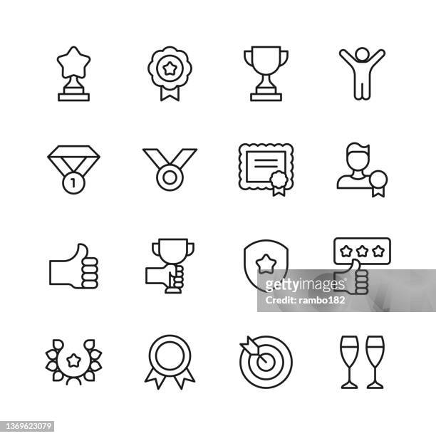 stockillustraties, clipart, cartoons en iconen met awards line icons. editable stroke, contains such icons as achievement, badge, celebration, competition, crown, event, first place, gift, glory, gold medal, label, laurel wreath, olympics, prize, show, sport, success, thumbs up, trophy, victory, winning. - quality sport images