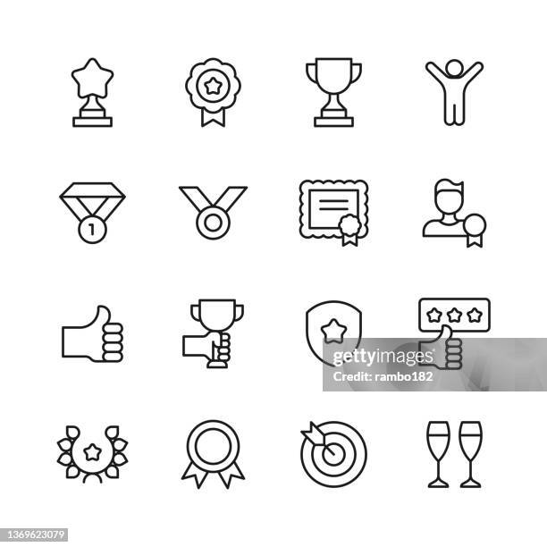 awards line icons. editable stroke, contains such icons as achievement, badge, celebration, competition, crown, event, first place, gift, glory, gold medal, label, laurel wreath, olympics, prize, show, sport, success, thumbs up, trophy, victory, winning. - quality sport images 幅插畫檔、美工圖案、卡通及圖標