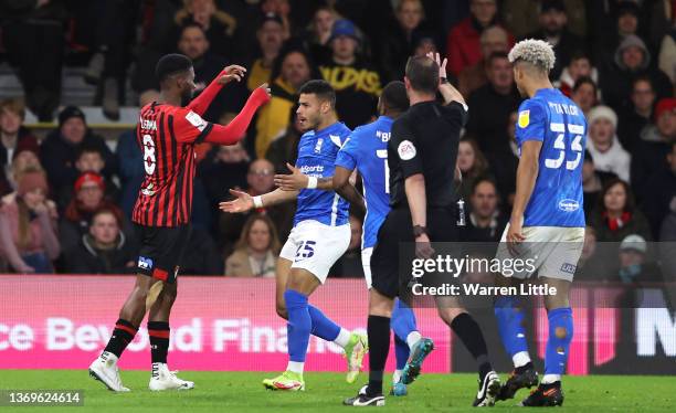 Jefferson Lerma of AFC Bournemouth and Onel Hernandez of Birmingham City exchange pushes after a tackle which results in Jefferson Lerma of AFC...