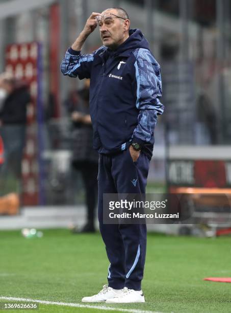 Lazio coach Maurizio Sarri looks on during the Coppa Italia match between AC Milan ac SS Lazio at Stadio Giuseppe Meazza on February 09, 2022 in...