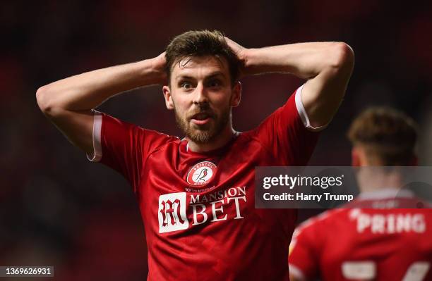 Joe Williams of Bristol City reacts during the Sky Bet Championship match between Bristol City and Reading at Ashton Gate on February 09, 2022 in...