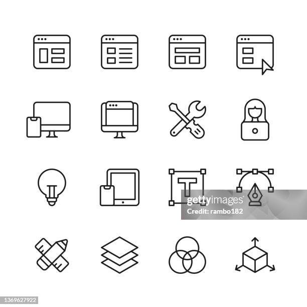 web design line icons. editable stroke, contains such icons as coding, freelance, graphical user interface, layout, marketing, programming, responsive design, seo, social media, software, ui, user interface, ux, web browser, web development, website. - programming team stock illustrations