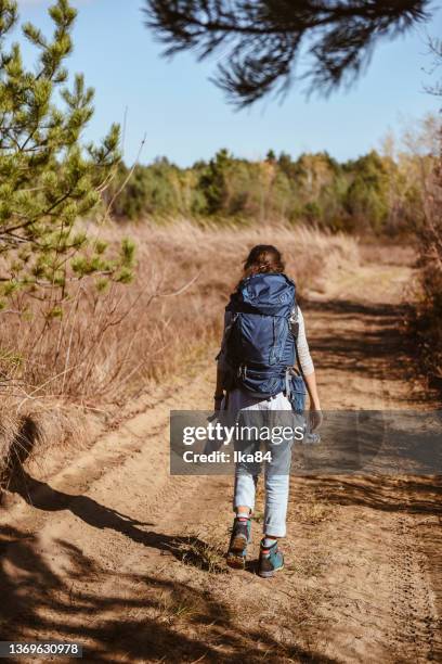 junger backpacker beim wandern und spazierengehen durch ein sandsteintal - arid woodlands stock-fotos und bilder