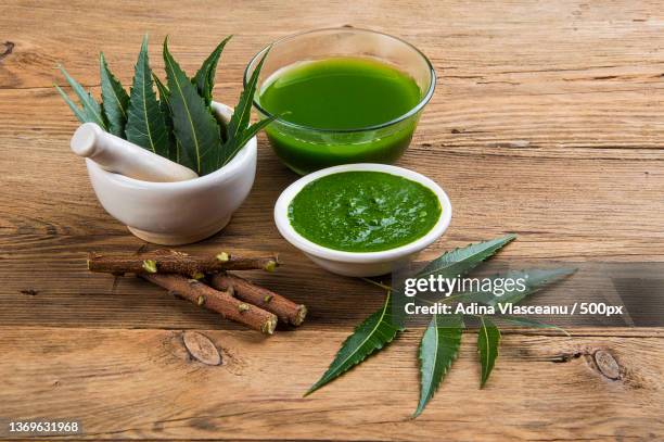 medicinal neem leaves in mortar and pestle with neem paste - ニーム ストックフォトと画像