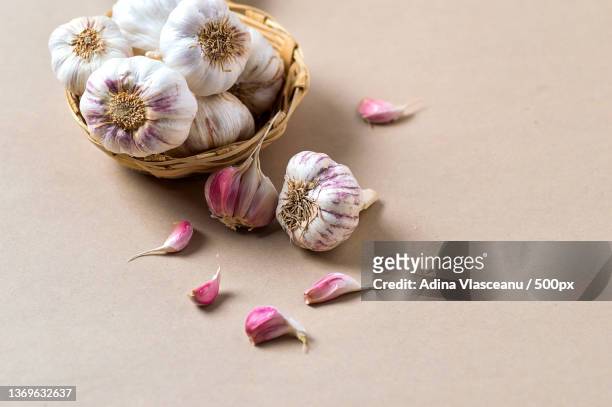 garlic cloves and garlic bulb in basket - garlic clove stock-fotos und bilder