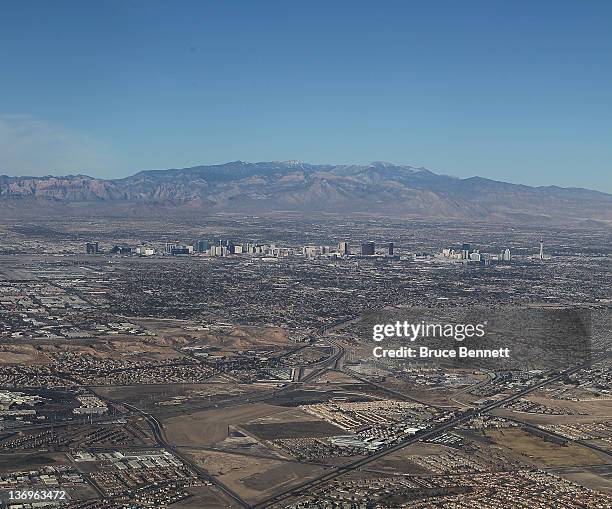 An aerial view of Las Vegas photographed on January 11, 2012 in Las Vegas, Nevada.