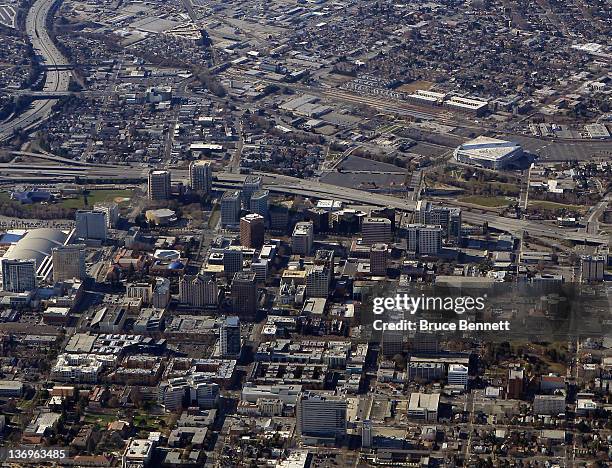 An aerial view of San Jose and the HP Pavillion Arena photographed on January 11, 2012 in San Jose, California.