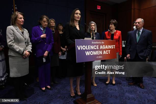 Actress Angelina Jolie speaks as U.S. Sen. Shelley Moore Capito , Sen. Dianne Feinstein , Sen. Lisa Murkowski , National Coalition Against Domestic...