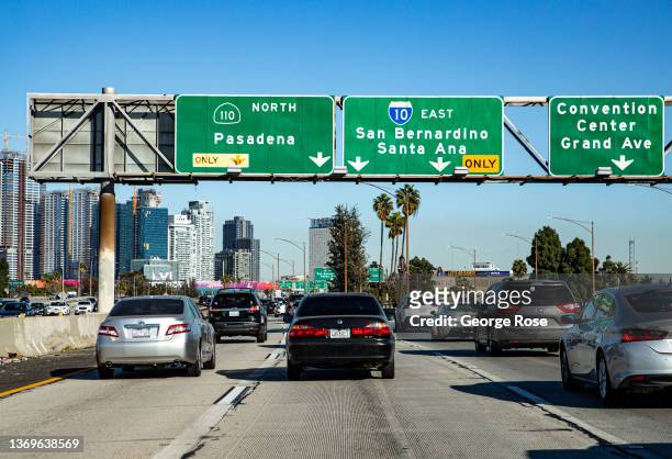 The eastbound lanes of the Santa Monica Freeway near the Harbor Freeway connector are viewed on February 7, 2022 in Los Angeles, California. In...