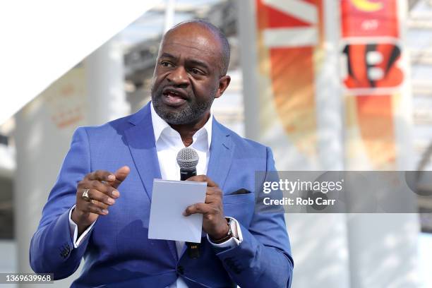 Executive Director DeMaurice Smith addresses the media on February 09, 2022 at the NFL Network's Champions Field at the NFL Media Building on the...