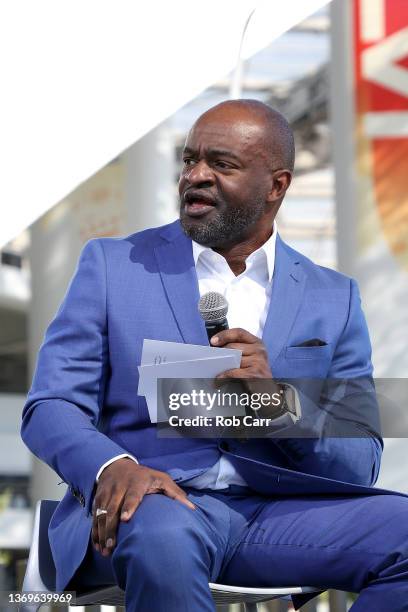 Executive Director DeMaurice Smith addresses the media on February 09, 2022 at the NFL Network's Champions Field at the NFL Media Building on the...