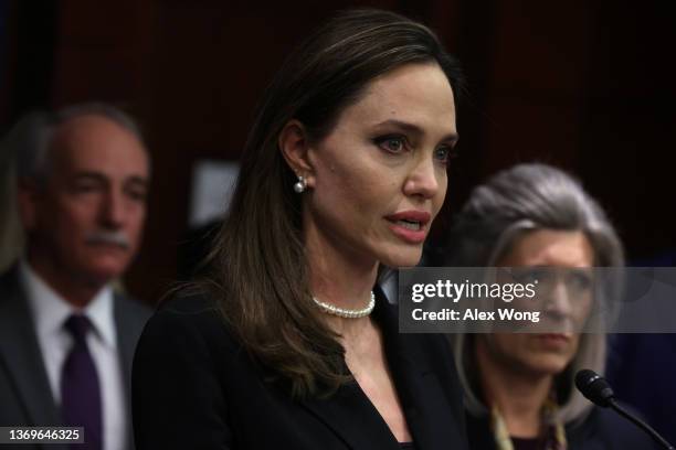 Actress Angelina Jolie speaks during a news conference at the U.S. Capitol February 9, 2022 in Washington, DC. A group of bipartisan U.S. Senators...