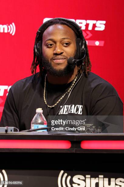 Osa Odighizuwa of the Dallas Cowboys speaks during an interview on day 1 of SiriusXM at Super Bowl LVI on February 09, 2022 in Los Angeles,...