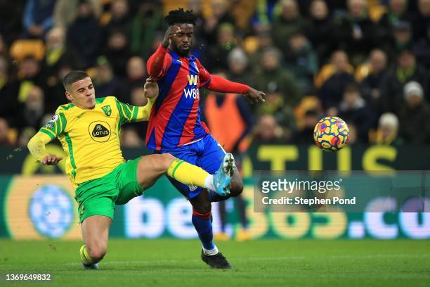 Jeffrey Schlupp of Crystal Palace and Max Aarons of Norwich City during the Premier League match between Norwich City and Crystal Palace at Carrow...