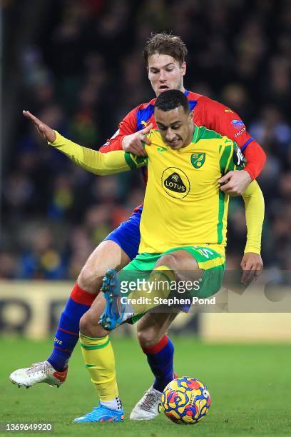 Joachim Andersen of Crystal Palace and Adam Idah of Norwich City during the Premier League match between Norwich City and Crystal Palace at Carrow...