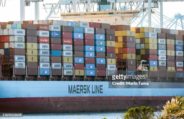 Shipping containers sit aboard a Maersk container ship at the Port of Los Angeles on February 9, 2022 in San Pedro, California. Danish container...