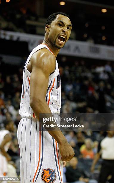 Gerald Henderson of the Charlotte Bobcats reacts to a call during their game against the Detroit Pistons at Time Warner Cable Arena on January 13,...