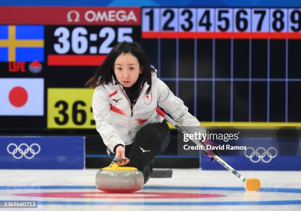 Satsuki Fujisawa of Team Japan competes against Team Sweden during the Women's Round Robin Session on Day 6 of the Beijing 2022 Winter Olympic Games...