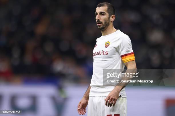 Henrikh Mkhitaryan of AS Roma looks on during the Coppa Italia match between FC Internazionale and AS Roma at Stadio Giuseppe Meazza on February 08,...