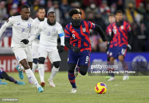 Weston McKennie of the United States looking for an open man during a game between Honduras and USMNT at Allianz Field on February 2, 2022 in St....