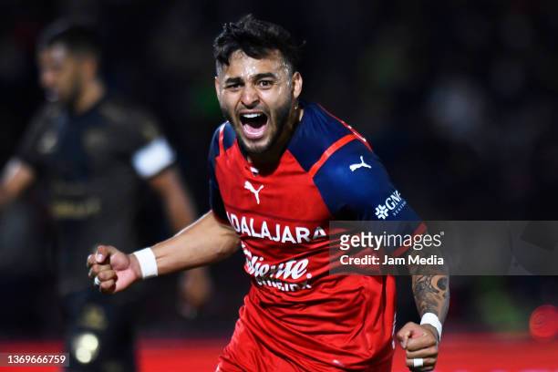 Alexis Vega of Chivas celebrates after scoring his team's second goal during the 4th round match between FC Juarez and Chivas as part of the Torneo...