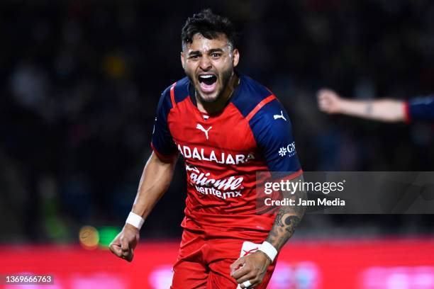 Alexis Vega of Chivas celebrates after scoring his team's second goal during the 4th round match between FC Juarez and Chivas as part of the Torneo...