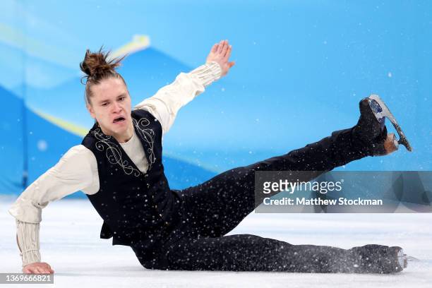 Deniss Vasiljevs of Team Latvia falls during the Men Single Skating Free Skating on day six of the Beijing 2022 Winter Olympic Games at Capital...