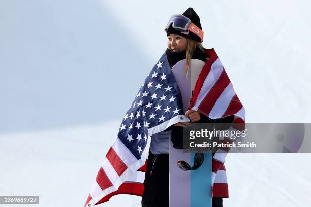 Gold medallist Chloe Kim of Team United States celebrates during the Women's Snowboard Halfpipe Final flower ceremony on Day 6 of the Beijing 2022...