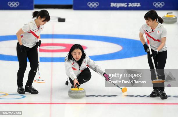 Satsuki Fujisawa of Team Japan competes against Team Sweden during the Women's Round Robin Session on Day 6 of the Beijing 2022 Winter Olympic Games...