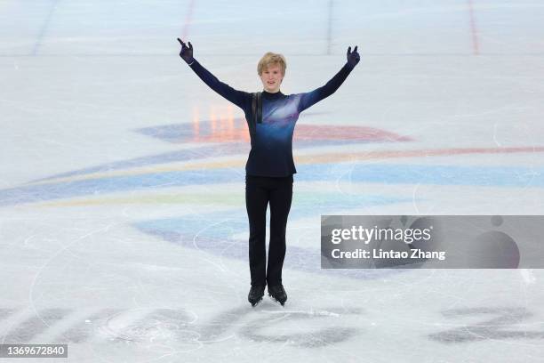 Daniel Grassl of Team Italy reacts during the Men Single Skating Free Skating on day six of the Beijing 2022 Winter Olympic Games at Capital Indoor...