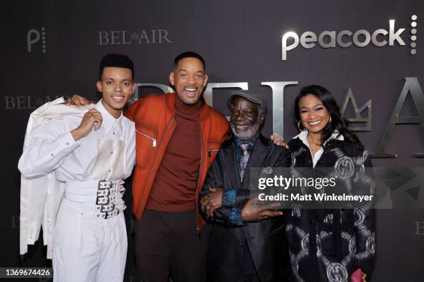 Jabari Banks, Will Smith, Joseph Marcell, and Tatyana Ali attend Peacock's new series "BEL-AIR" premiere party and drive-thru screening experience at...