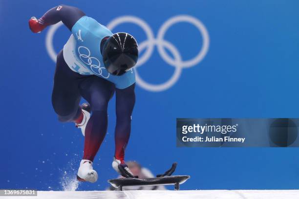 Sungbin Yun of Team South Korea slides during the Men's Skeleton heats on day six of Beijing 2022 Winter Olympic Games at National Sliding Centre on...